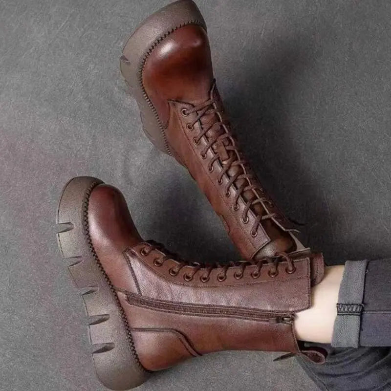 Women's black patent leather retro mid-calf boots with low heel and plush warm lining