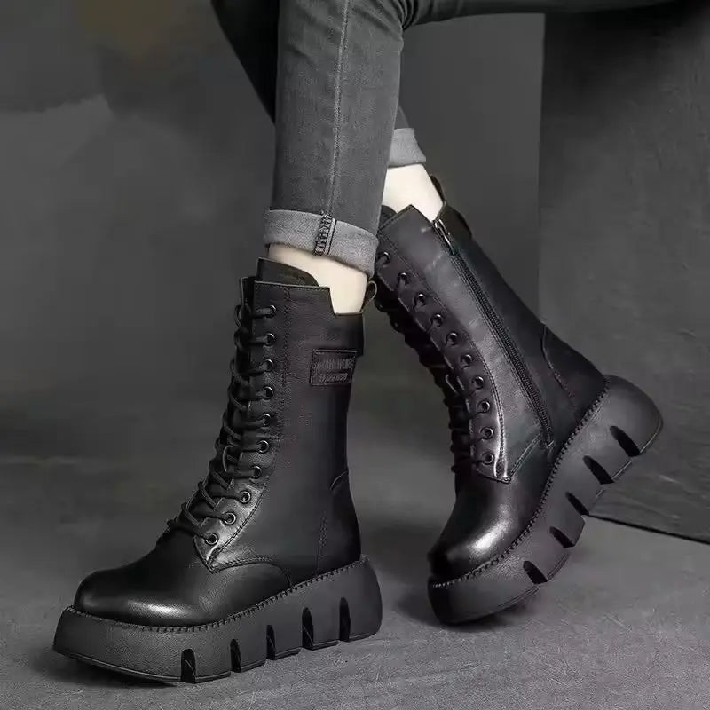 Women's mid-calf patent leather retro boots with plush lining, low heel, and sturdy sole