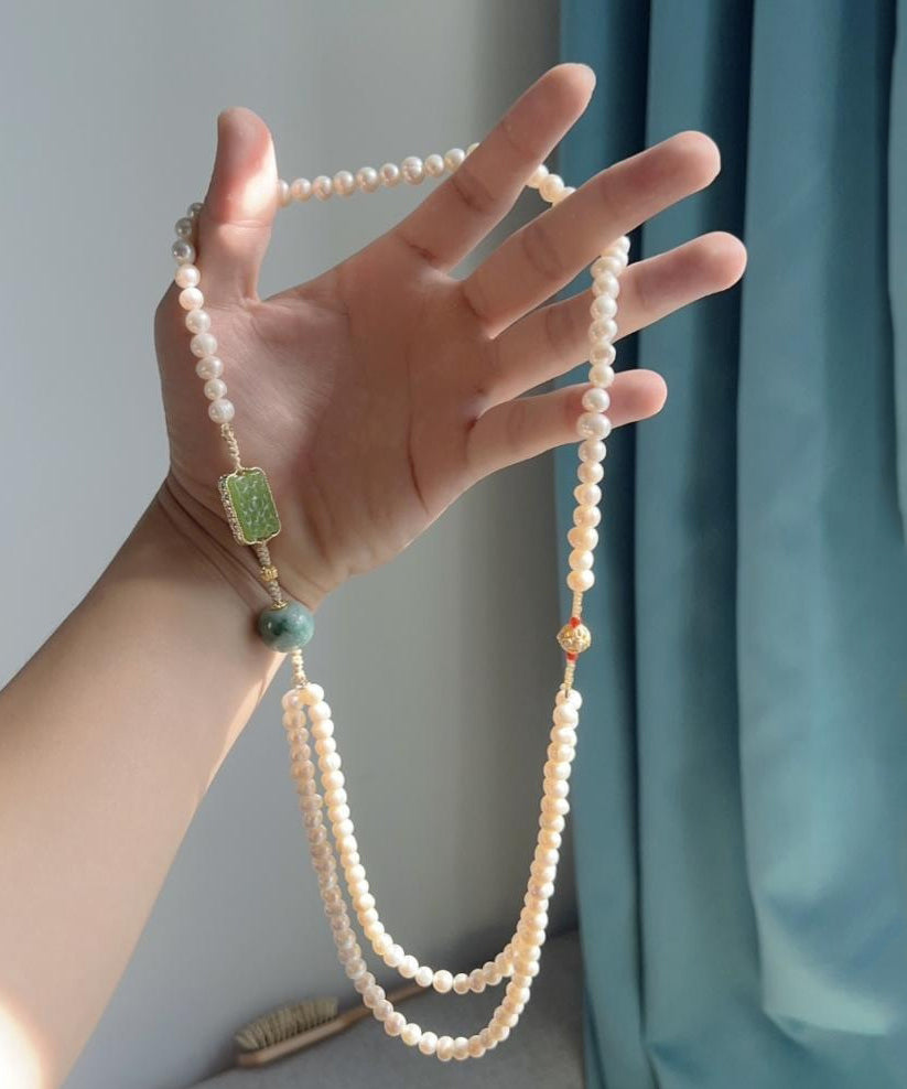 Collier rétro en alliage blanc avec perles de jade et perles graduées - Urbann-Vibe