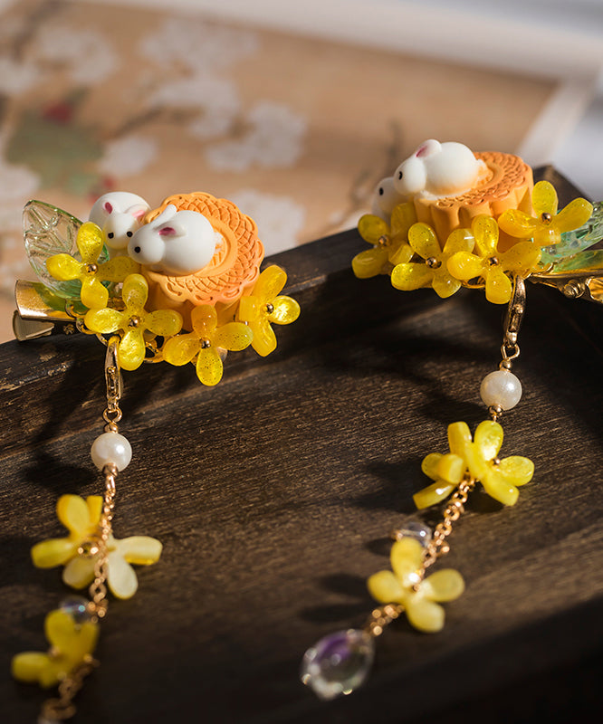 Épingle à cheveux rétro en cuivre jaune surdoré avec perle colorée en résine émaillée et pompon pour enfants - Urbann-Vibe