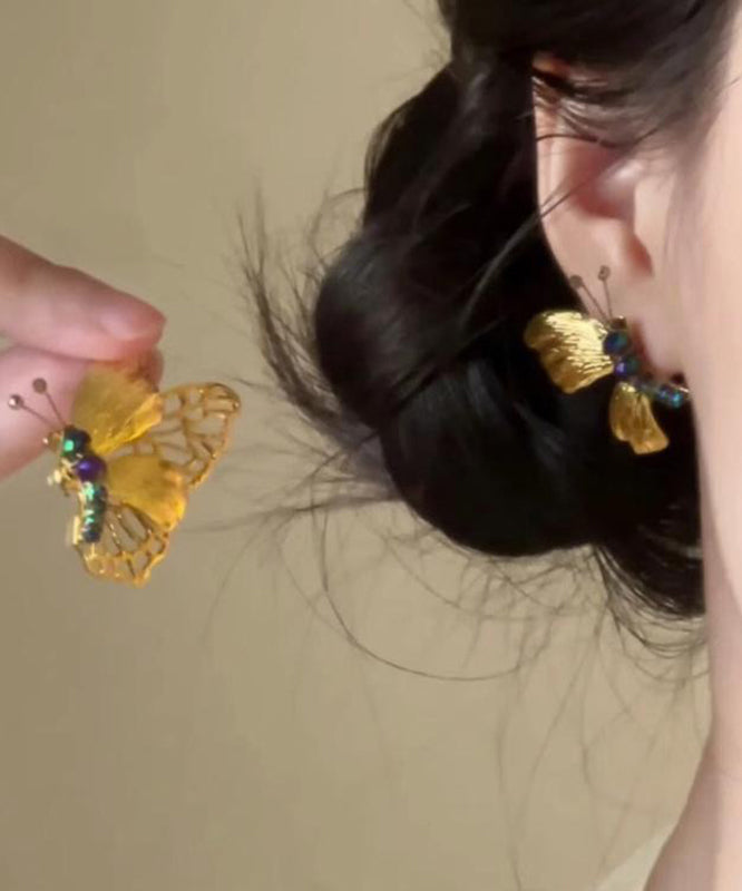 Boucles d'oreilles à tige rétro en argent sterling jaune avec perles papillon surdorées - Urbann-Vibe