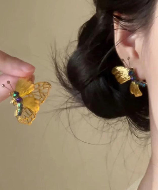 Boucles d'oreilles à tige rétro en argent sterling jaune avec perles papillon surdorées - Urbann-Vibe