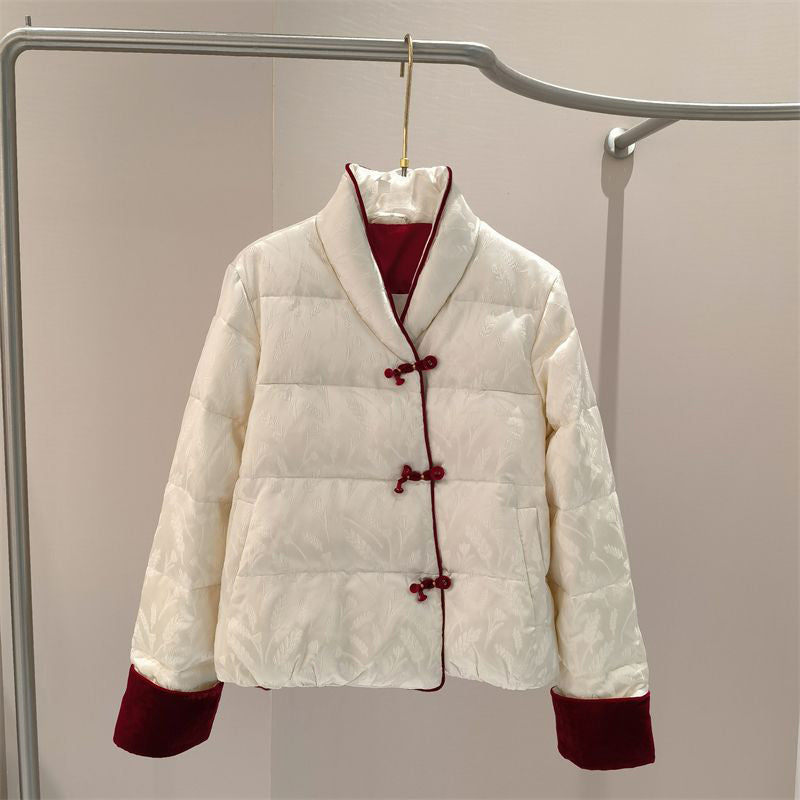 Women's retro chenille puffer jacket, soft textured button-front design in warm seasonal colors