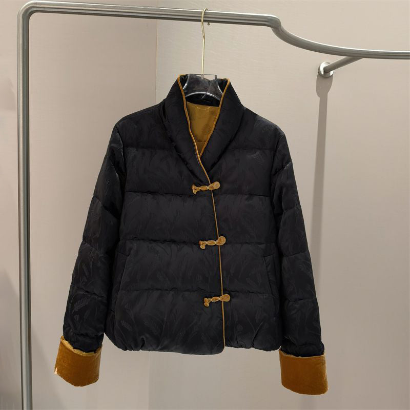 Women's retro chenille puffer jacket, soft plush texture, button-front closure, lightweight winter style