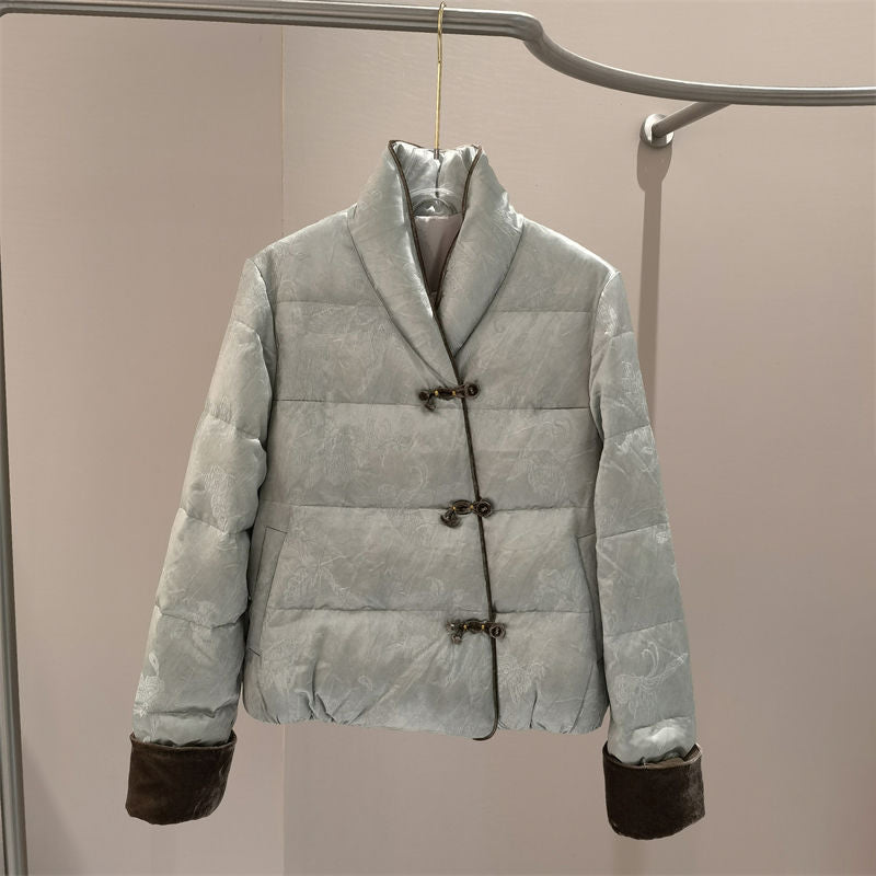 Women's retro chenille puffer jacket, cozy plush texture, button-front closure, lightweight winter style