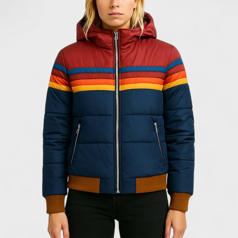 Retro colorblock hooded puffer jacket with vibrant stripes, lightweight quilted insulation, ribbed cuffs