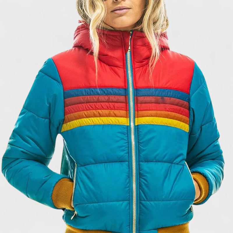 Women's black quilted puffer jacket hip-length relaxed fit with integrated hood zip front