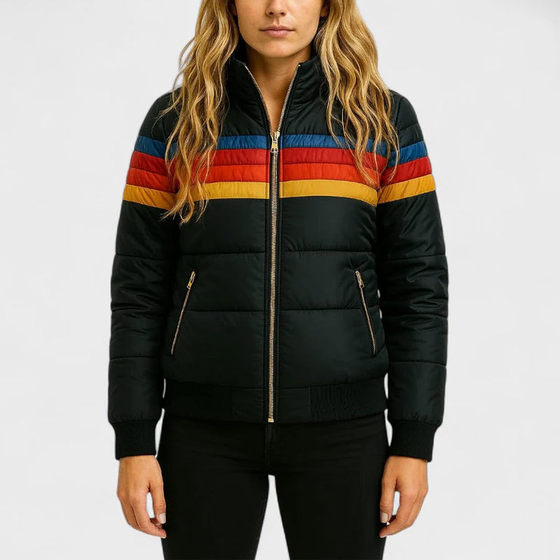 Retro colorblock hooded puffer jacket with vibrant 70s-inspired stripes, lightweight quilted insulation