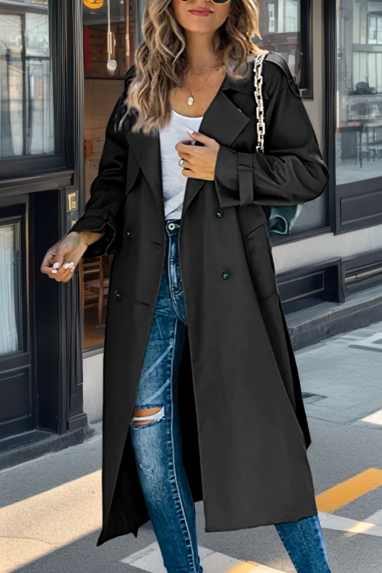 Women's beige double-breasted long trench coat with classic lapels and adjustable sleeves