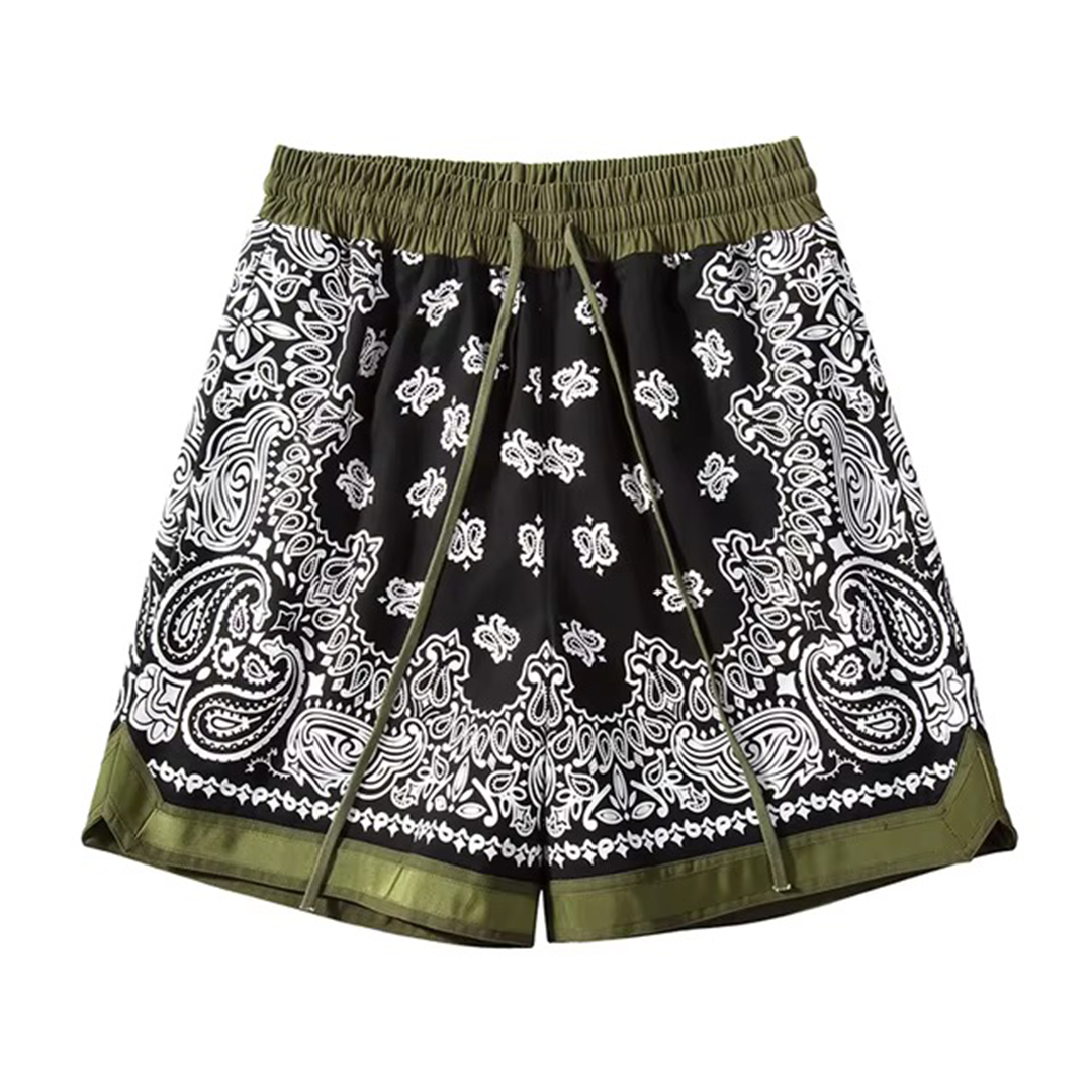 Men's paisley print loose fit basketball shorts with elastic waist and side pockets