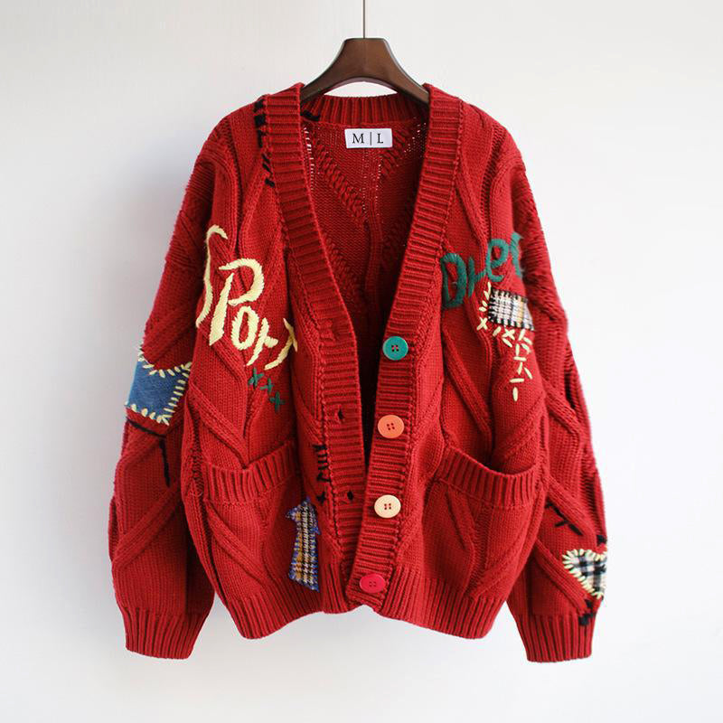 Valentina Rossi retro patchwork cardigan relaxed oversized V-neck knit with colorful front buttons