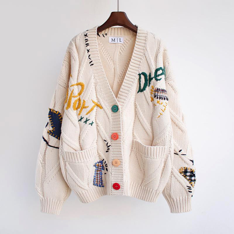 Valentina Rossi retro patchwork cardigan oversized V-neck knit with colorful front buttons vintage chic