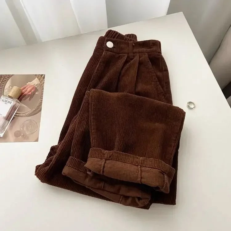 Women's retro corduroy high-waisted pants vintage style with flattering waist definition