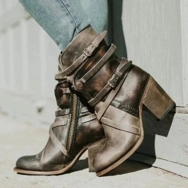 Women's retro brown PU leather boots with side zipper and belt buckle detail, timeless chic style