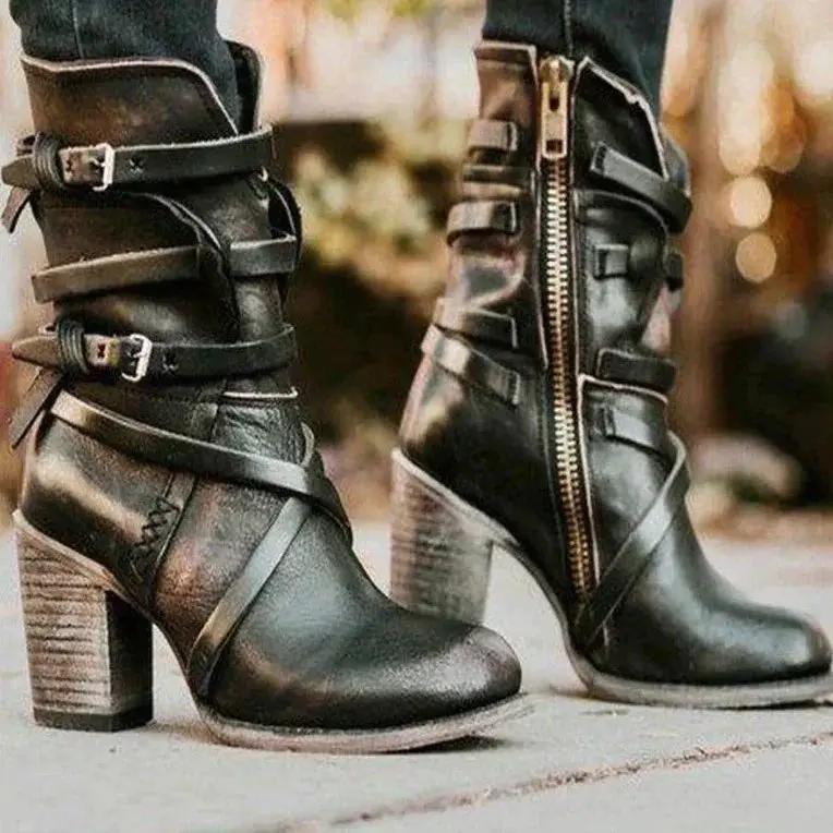 Women's retro brown PU leather boots with side zipper and belt buckle detail, block heel