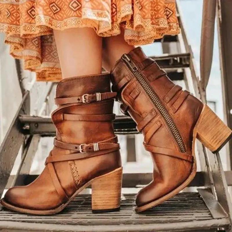 Women's retro brown PU leather boots with side zipper and belt buckle detail, block heel