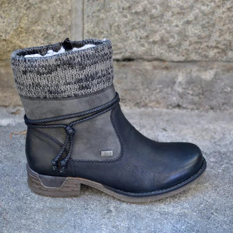 Women's retro low heel boots round toe black brown PU leather cozy autumn winter ankle style