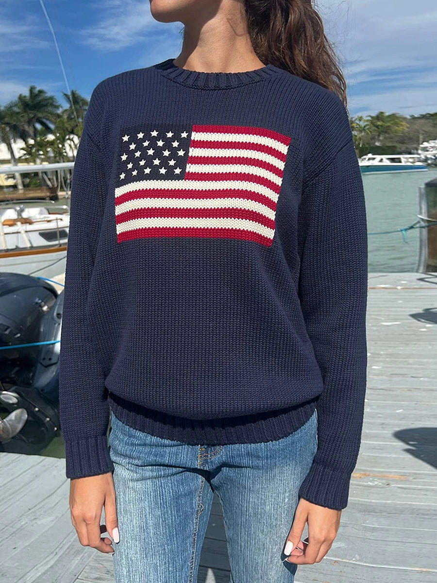 Women's retro flag pattern loose fit pullover sweater with long sleeves, cozy vintage casual style