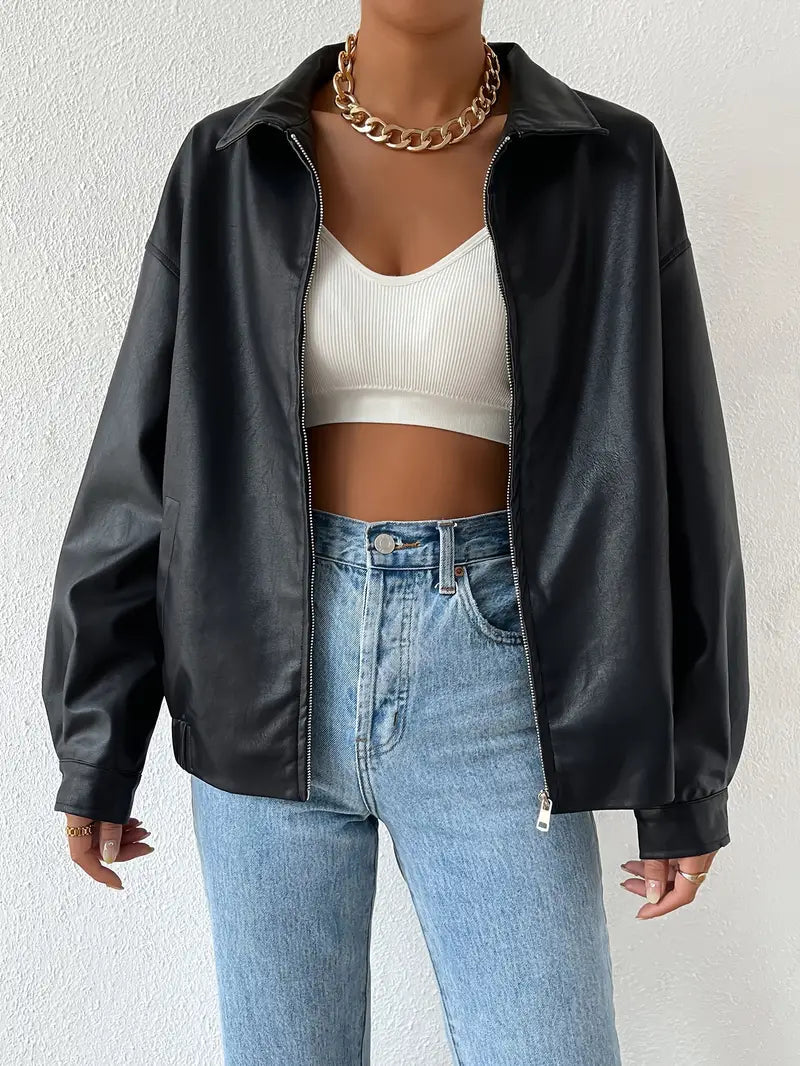 Black women's faux leather zip jacket relaxed silhouette smooth vegan finish versatile edge