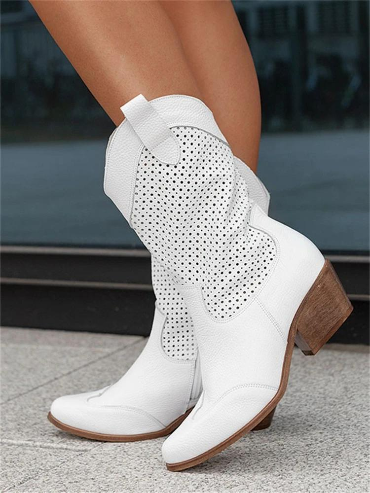 White perforated cowboy boots breathable Western silhouette with side zipper for easy summer wear