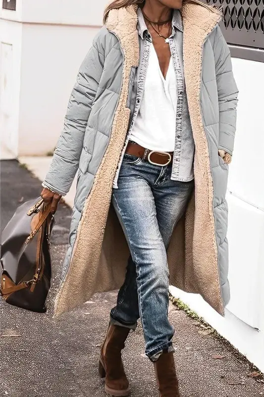 Women's reversible long puffer coat, black quilted shell with plush faux fur lining winter outerwear