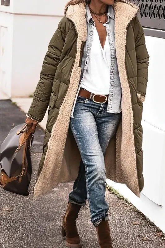 Women's reversible long puffer coat, black quilted shell with plush faux fur lining winter outerwear