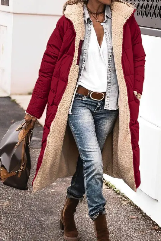 Women's reversible long puffer coat with faux fur lining, quilted shell, warm winter outerwear