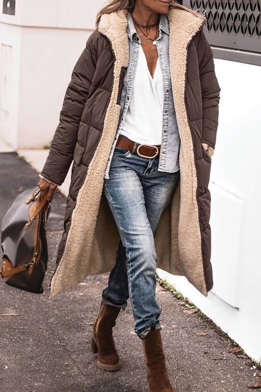 Women's reversible long padded coat with plush faux fur lining, quilted exterior, longline cold-weather style