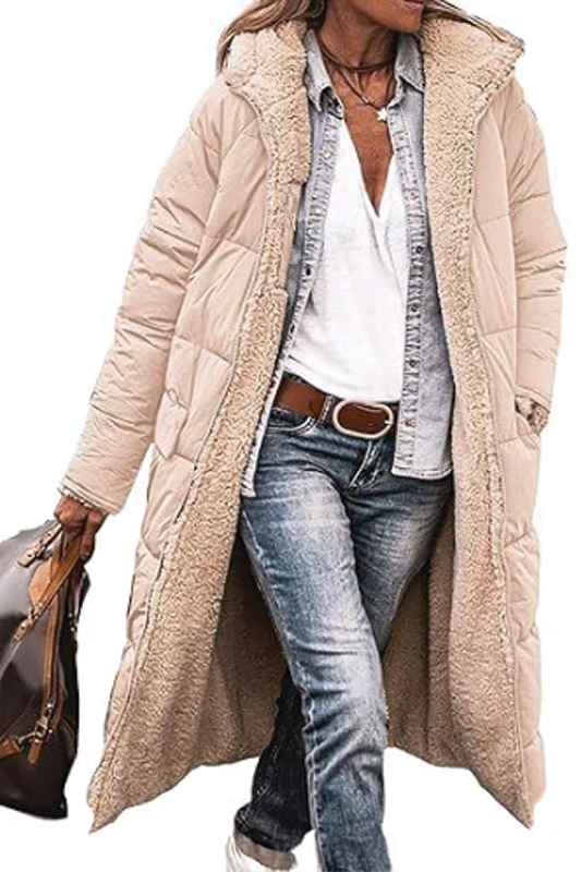 Women's reversible long padded coat with plush faux fur lining, quilted exterior, longline fit