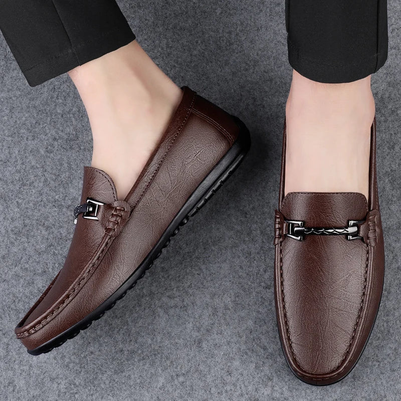 Men's brown genuine leather loafers with polished metal buckle and cushioned insole for all-day comfort