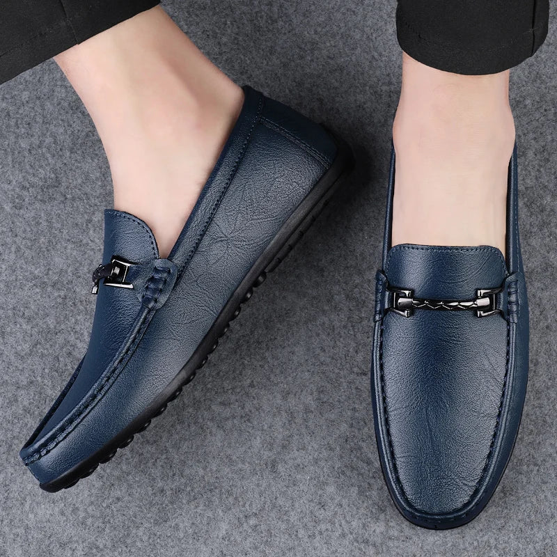 Rey men's brown genuine leather loafers with polished metal buckle and cushioned insole slip-on style
