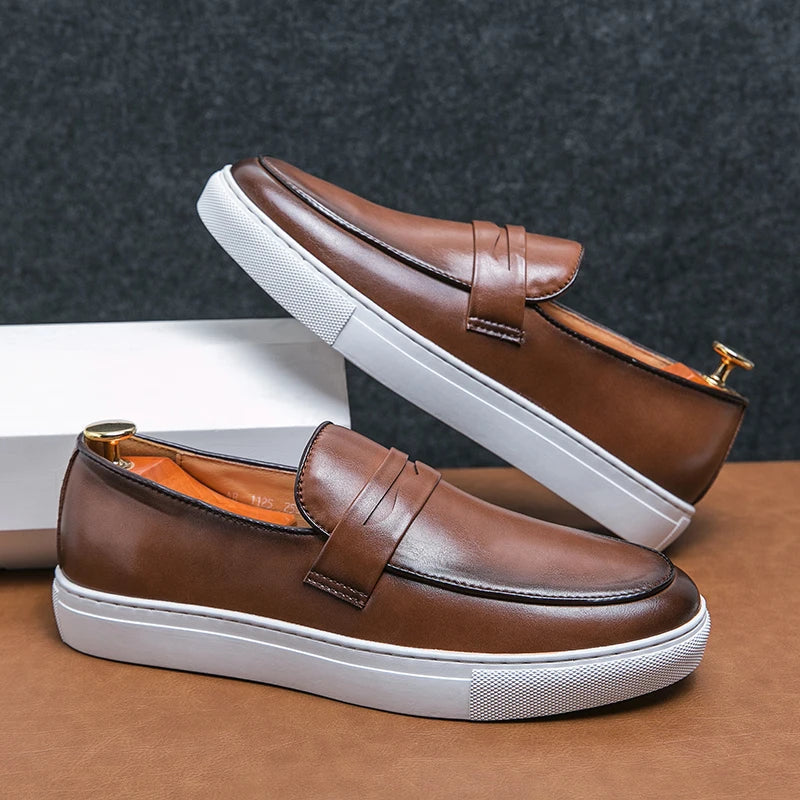 Brown penny loafers genuine leather slip-on shoes with lightweight sneaker-style sole for men