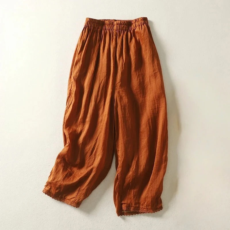 Women's cropped linen blend trousers relaxed fit mid-calf length with soft gathers and stretch waistband