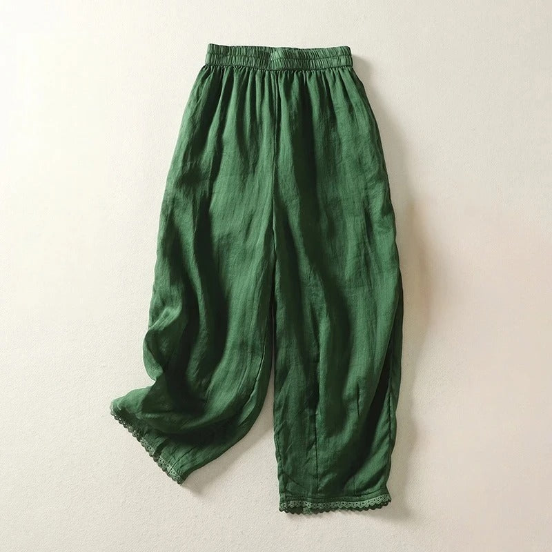 Women's cropped linen blend trousers relaxed fit mid-calf length with soft gathered waistband