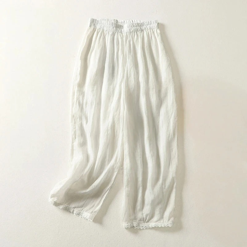 Women's cropped linen blend trousers relaxed fit mid-calf length with soft gathered stretch waistband