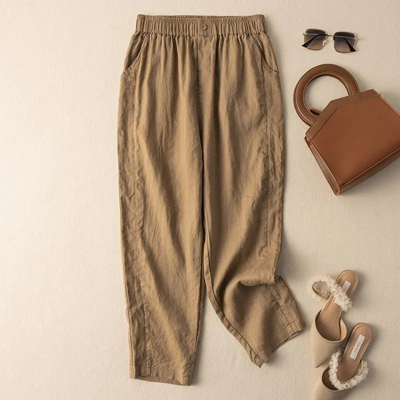 Women's taupe linen-blend tapered pants with elastic waist, breathable fabric, relaxed elegant fit