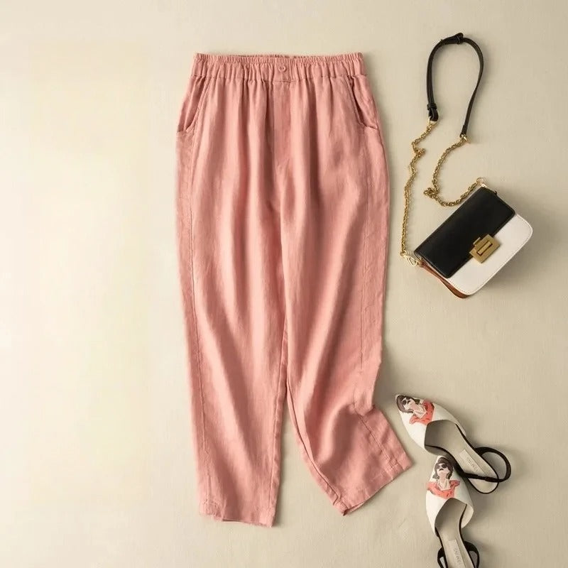 Women's taupe linen blend tapered pants with elastic waist, relaxed fit, and breathable drape