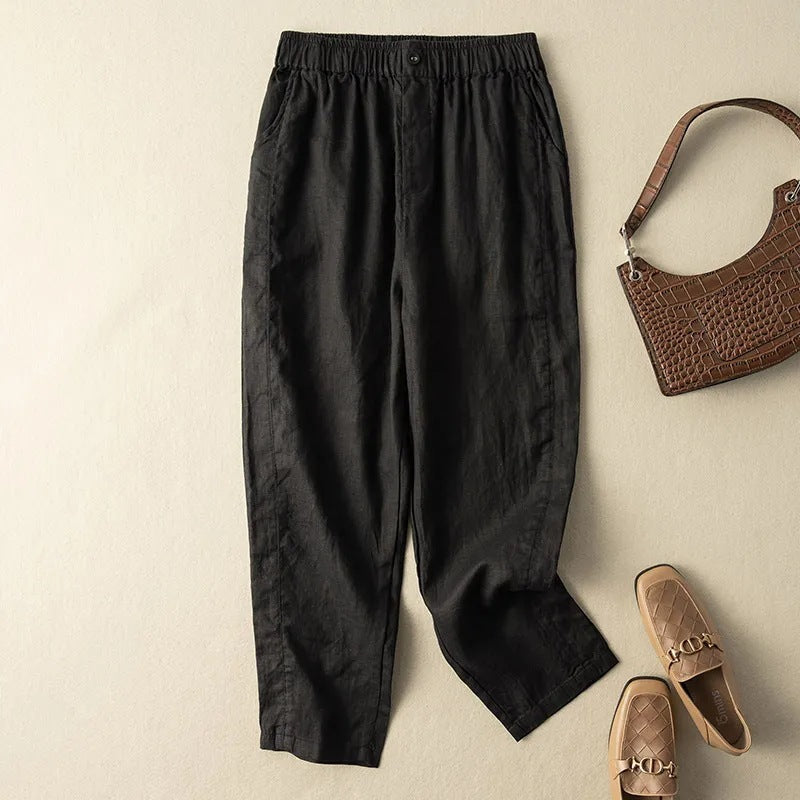 Women's taupe linen blend tapered pants with elastic waist and breathable relaxed silhouette