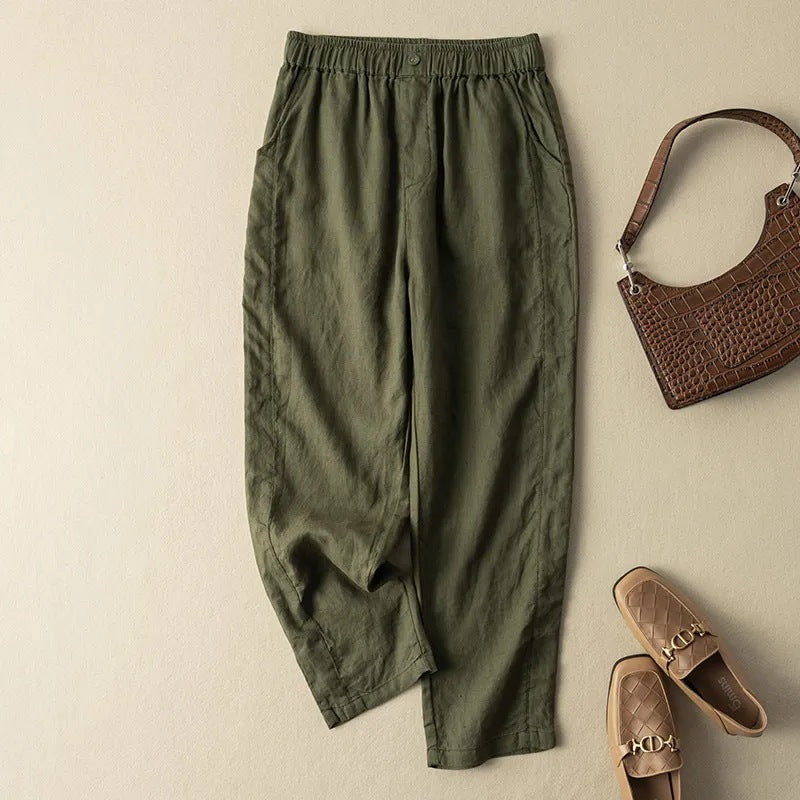 Women's taupe linen blend tapered pants with elastic waist and breathable relaxed silhouette