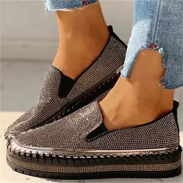 Women's white rhinestone platform slip-on sneakers with all-over crystal embellishments for glam comfort