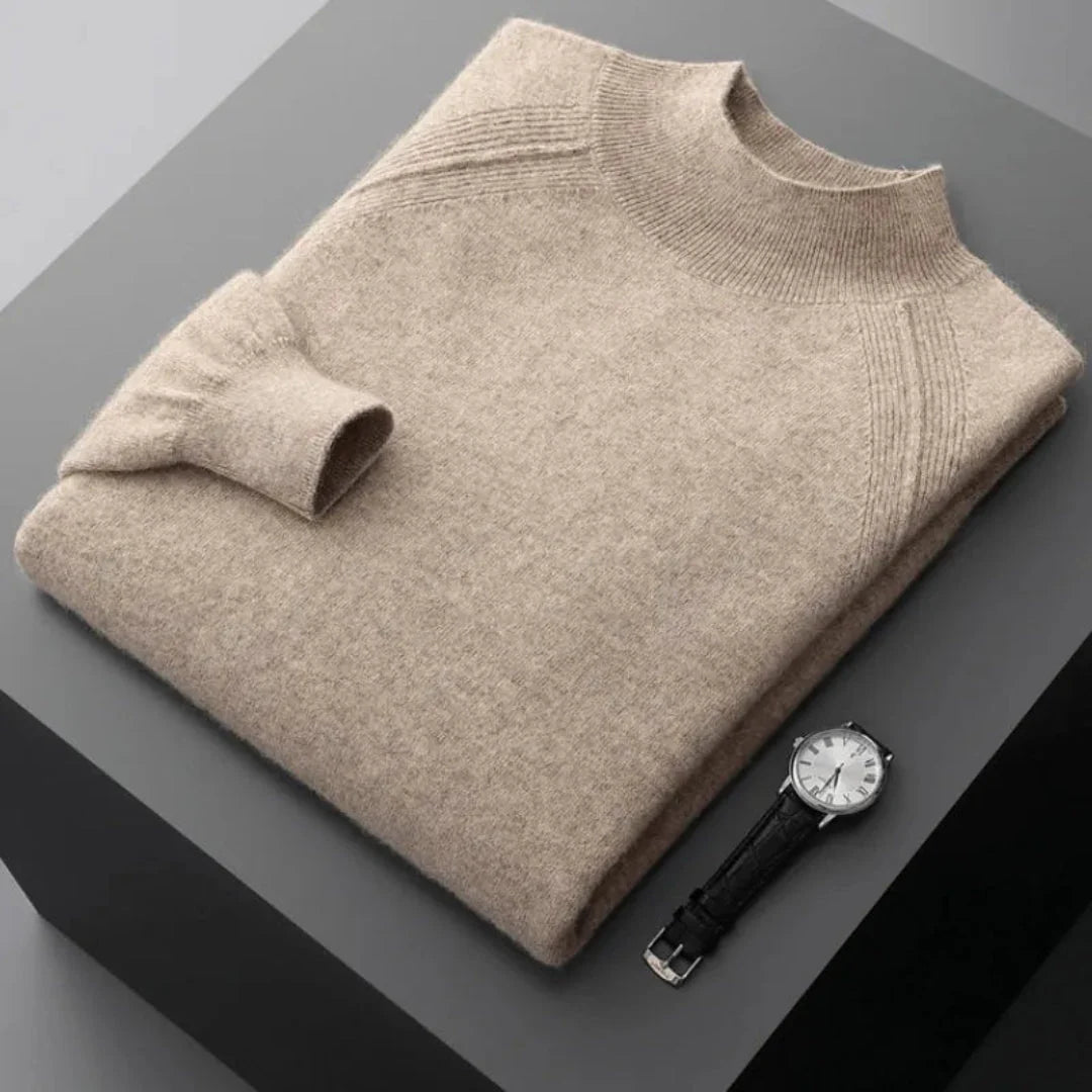 Rhys camel cashmere mock neck sweater slim fit breathable luxury blend for cool-season layering