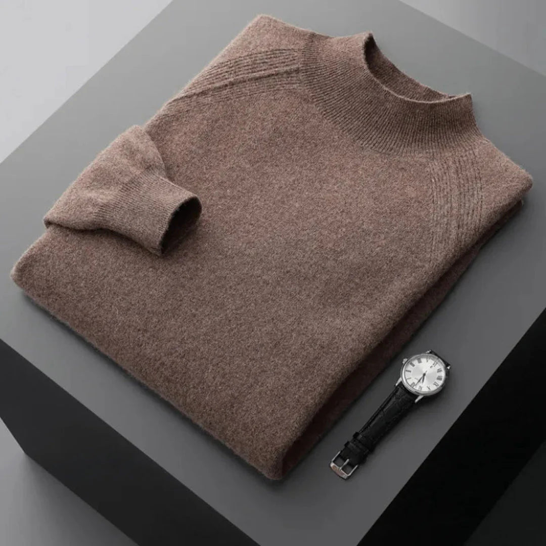 Rhys cashmere mock neck sweater in soft neutral tone, slim everyday fit with clean neckline