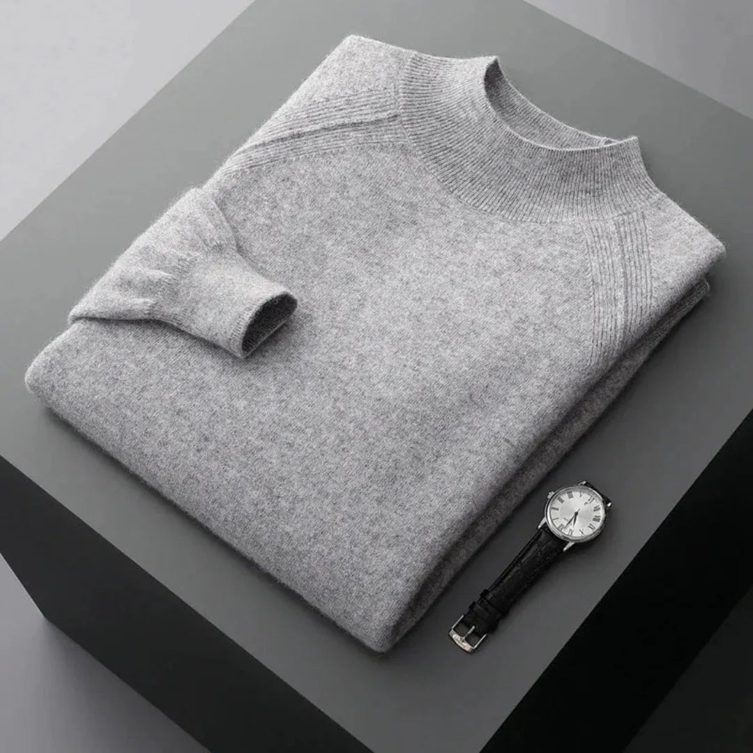 Rhys camel cashmere mock neck sweater slim fit breathable luxury knit for cool-season layering