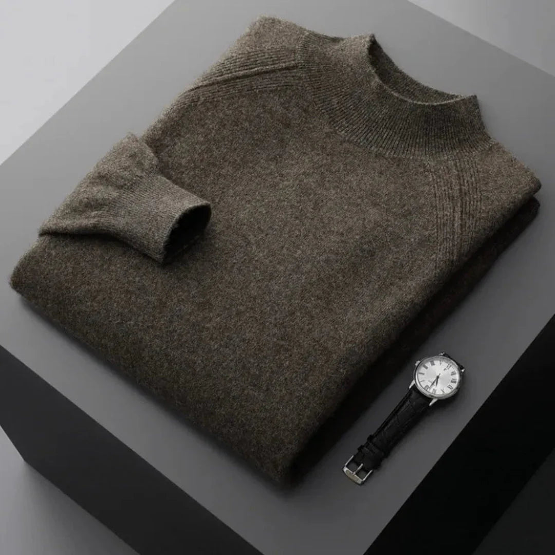 Rhys camel cashmere mock neck sweater slim fit breathable luxury blend for cool-season layering