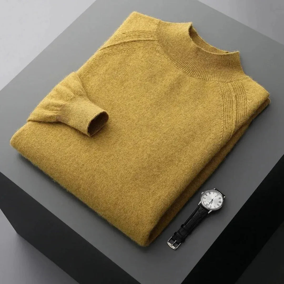 Rhys camel cashmere mock neck sweater slim fit breathable luxury knit for cool-season layering