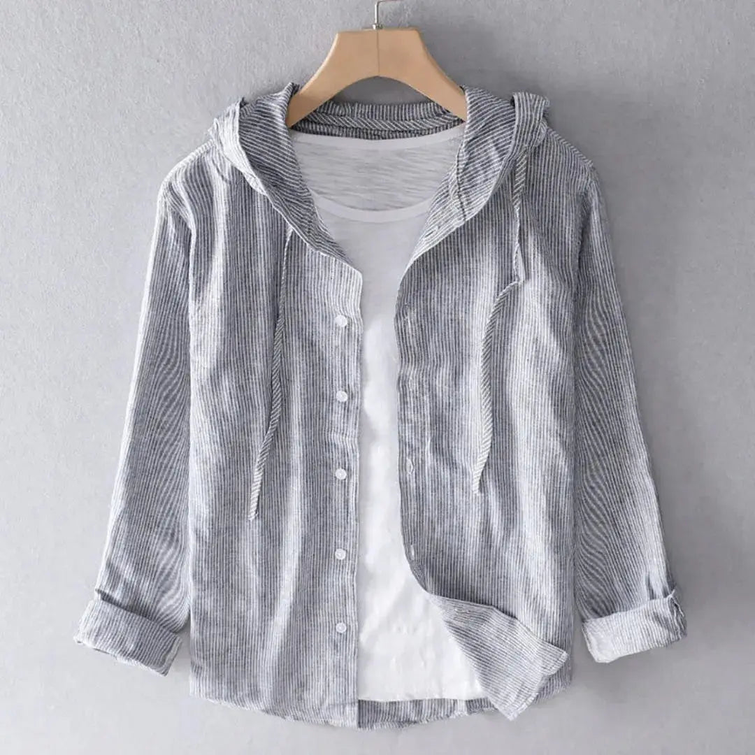 Striped linen hooded shirt with built-in cotton tee, relaxed fit breathable streetwear layer