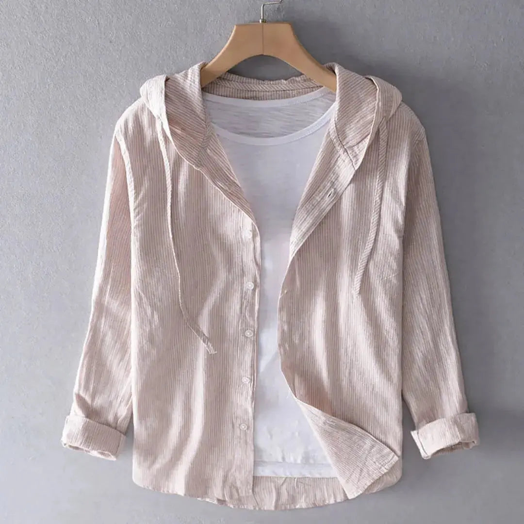 Striped linen hooded shirt with built-in cotton tee, relaxed fit breathable warm-weather streetwear layer