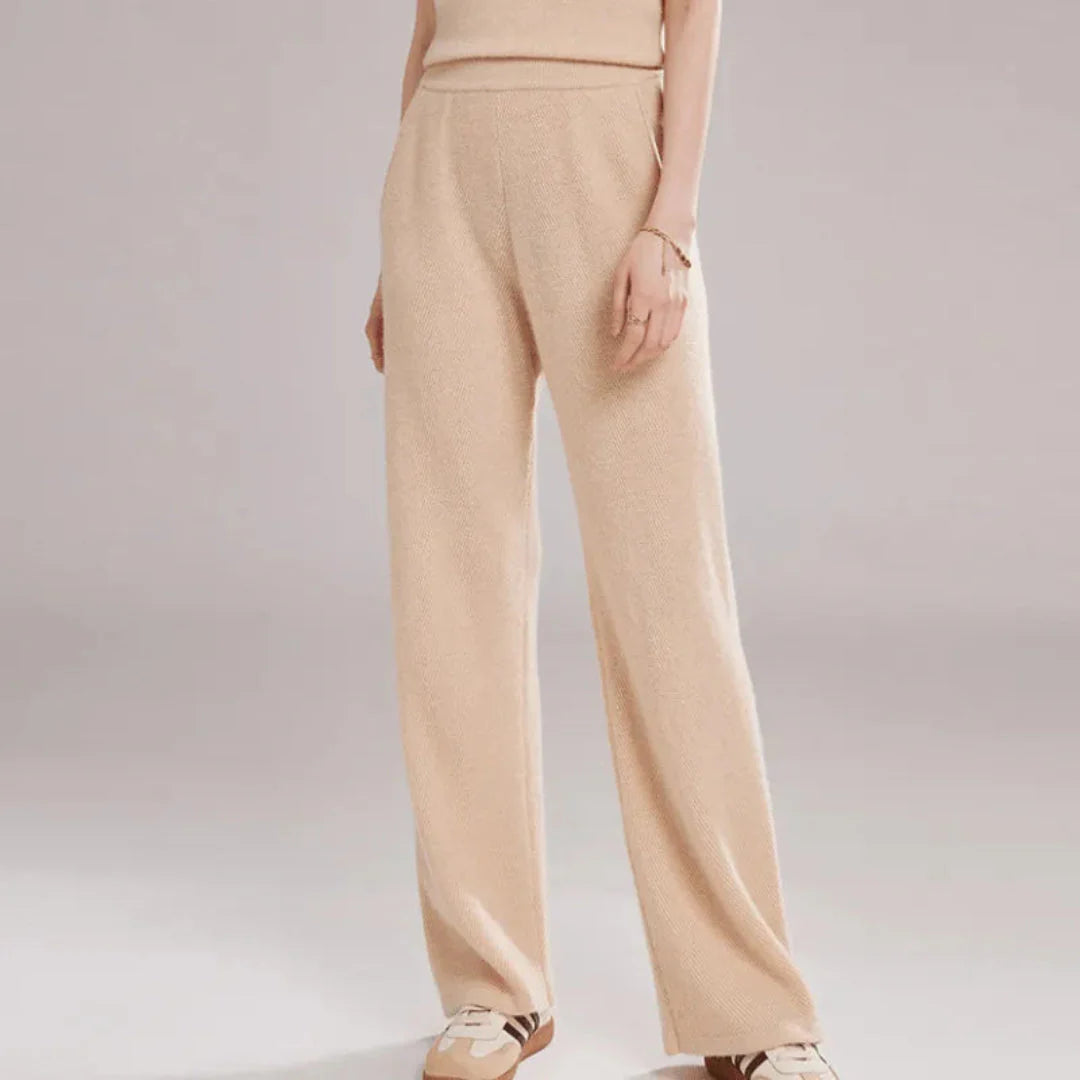 Women's cashmere knit wide-leg pants in neutral tone, luxurious soft drape for everyday elegant wear