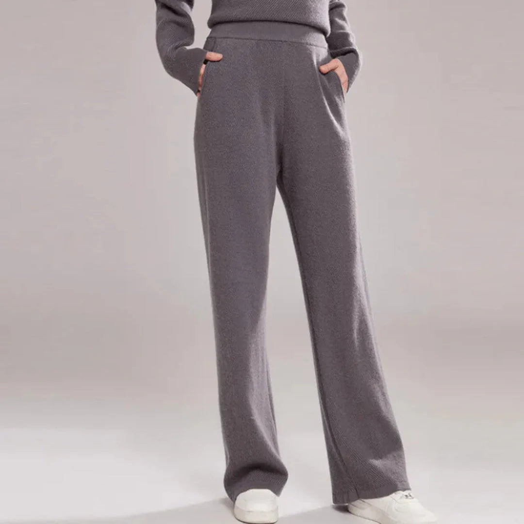 Women's cashmere knit wide-leg pants in neutral tone, relaxed silhouette with luxurious soft drape