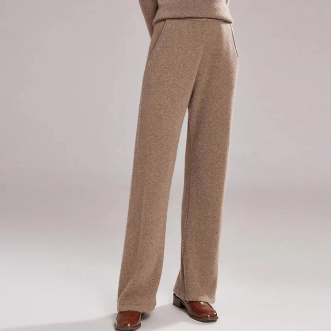 Women's cashmere knit wide-leg pants in neutral tone, luxurious drape with relaxed silhouette